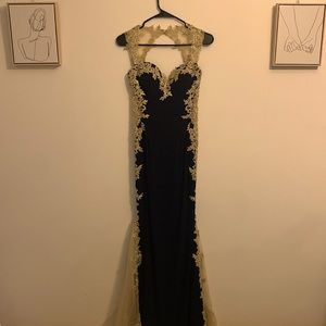 Dark Navy Blue Champagne Gold Prom Dress Size 2